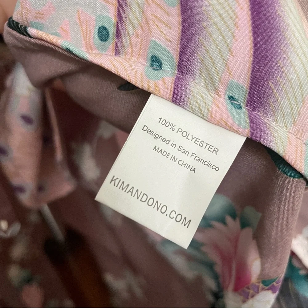 Kim and Ono Robe Kimono Charmeuse Asian Floral Silky Satin Long Pockets Pink - Picture 12 of 13